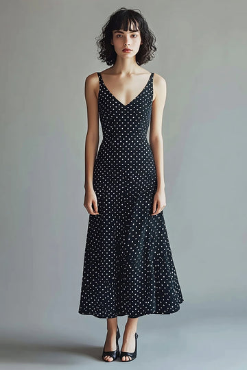 A-linje Spaghetti Stropper Svart Hvit V-hals Polka Dots Kjole